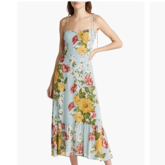 Reformation Dresses & Skirts - Reformation Enya Midi Dress Light Blue Floral Ruffle Hem Tie Strap Size 12